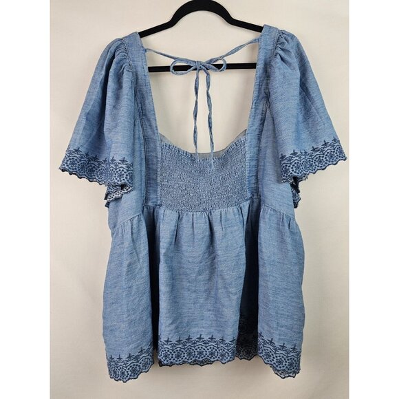 Old Navy Womens Top Size 4X Blue Chambray Embroidered Flutter Sleeve Smock Shirt - Picture 8 of 10